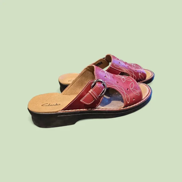 Clarks Womens Shoes 11M Floral Leather Slide Sandal Open Toe Slip On Casual - Picture 3 of 5